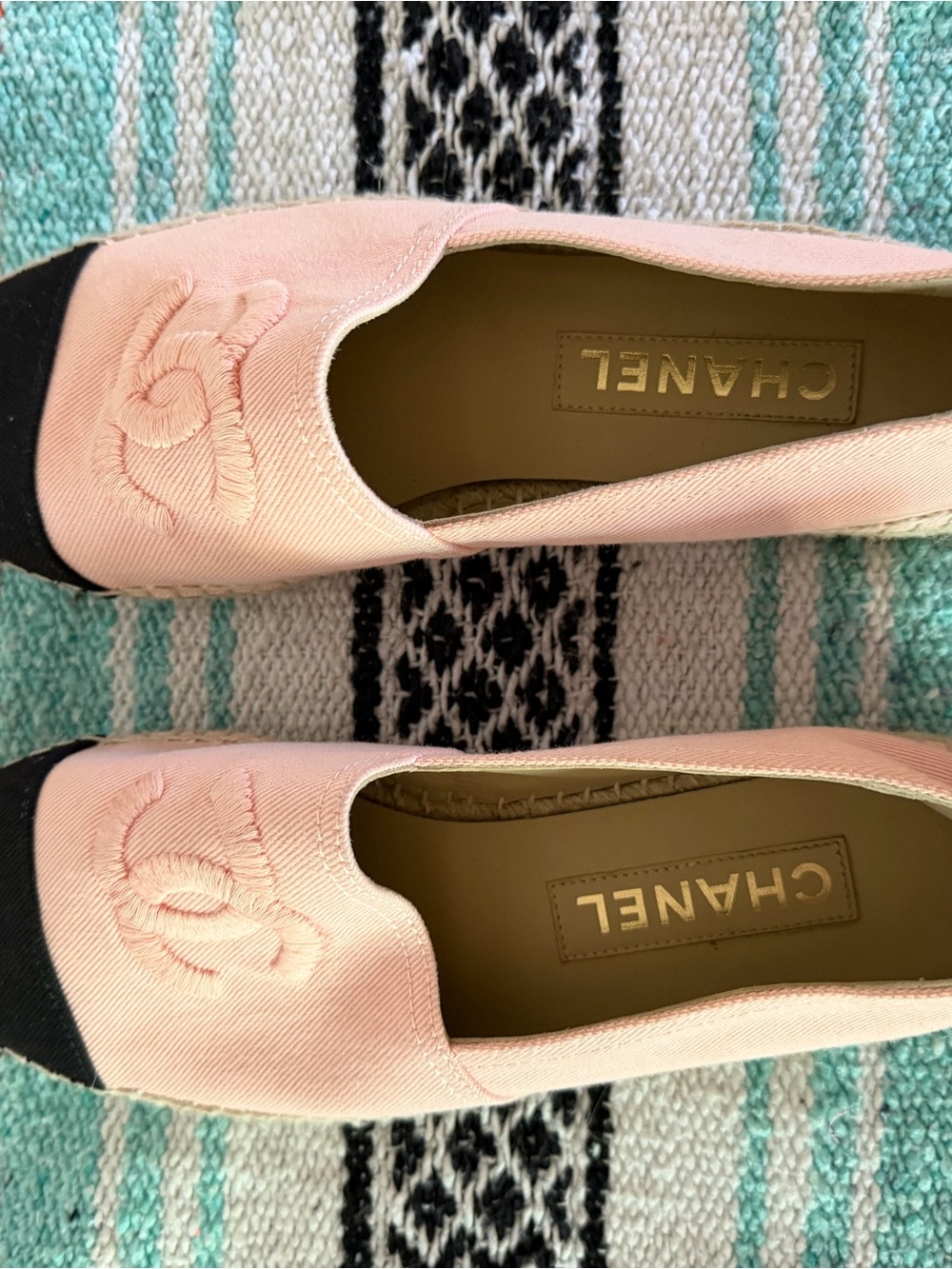 CHANEL Pink and Black Canvas Cap-Toe Espadrille Flats
